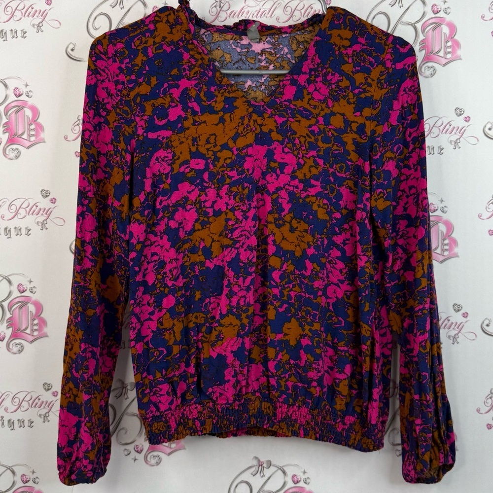 Culture, long sleeve V-neck, flowers, Vibrant Floral Blouse - Pink and Brown